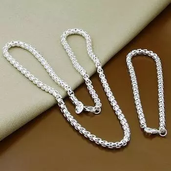 925 Серебряный комплект ювелирных изделий 5 мм Коробка Цепь Ожерелье Браслеты для женщин Мужчины Рождественские украшения 50cm and 20cm