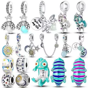 925 Серебряный Шарм Хамелеон Светлячок Лампочка Светлячок Звезда Луна Подвеска Подходит Женский Браслет 1pcs