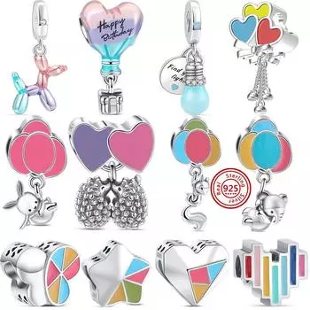 925 Серебряный воздушный шар с надписью «С днем рождения», светящаяся лампочка, трехцветные сердечки, звезды, бусины, браслет с подвесками, оригинальные ювелирные изделия