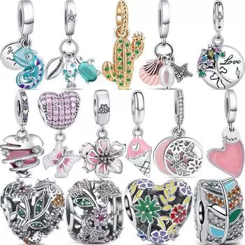 925 Серебряный жемчуг в виде ракушки кактуса-хамелеона розовая бабочка цветок сердце из бисера подходят оригинальные подвески браслет ожерелья ювелирные изделия