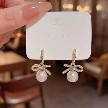 925 Silver Bow Earrings with Sparkling Stones and Pearls for Women золотой