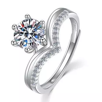 925 Silver Double-Layer V-Shaped Ring, Women S Tide Brand Row Diamond One-Carat Open Ring, Fashionable Six-Claw Diamond Ring opening adjustable