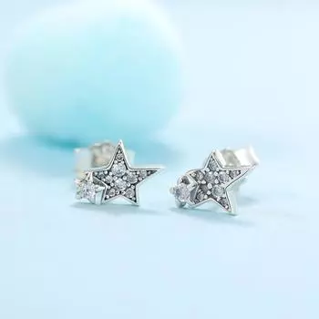 925 Silver Earrings INS Wind Simple Zircon Star Shining Asymmetric Star Earrings Female