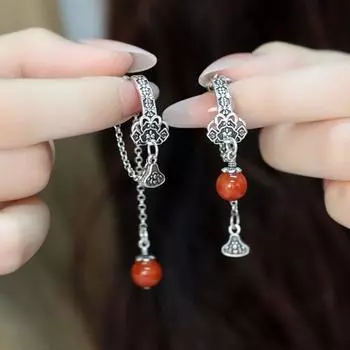 925 Silver Ethnic Style Retro Distressed Ruyi Tassel Long Earrings Female Special-Interest Design Fancy Easiest for Match Ear Studs Retro Ruyi tassel earrings (gift box)