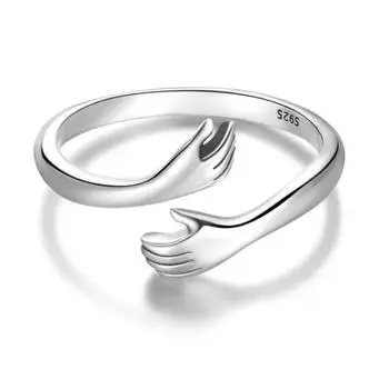 925 Silver Hug Ring Fashionable Versatile Adjustable Hugging Hands Open Ring for Daughter Mom белого золота