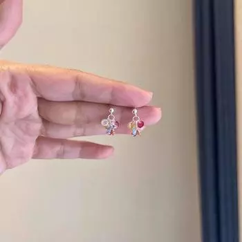 925 Silver Needle Color Grape Beaded Tassel Stud Earrings Dopamine Sweet Unique Niche Design Western Style Earrings Color Beaded Earrings Pair of 925 Silver Pins