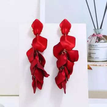 925 silver needle red rose petal stud earrings, feminine long fringed earrings, retro exaggerated personality trendy earrings.