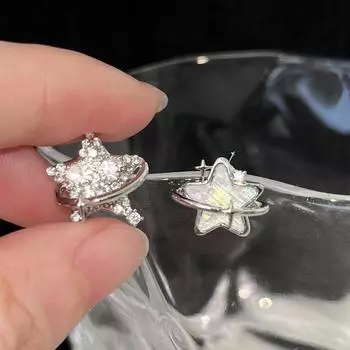 925 silver needle shining three-dimensional star stud earrings women s niche high-end asymmetric zircon earrings temperament earrings 925 silver needle