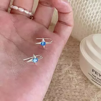 925 silver needle tetragonal star stud earrings women s niche fashion cool wind blue zircon earrings autumn and winter high-end earrings 925 silver needle