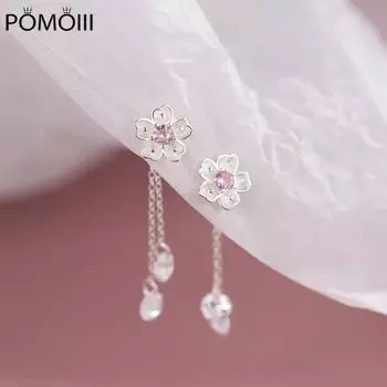 Серьги с цветущей вишней из серебра 925 пробы и циркония, пара серег с цветком феи, женские длинные кисточки, маленькие свежие украшения серебряный