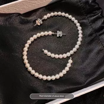 925 Silver Shijia Pearl Big Circle Earrings Women Temperament Western Style Ear Ring Light Luxury High-Grade Ear Studs Ear Rings 4mm Shijia Pearl Earrings/Pair