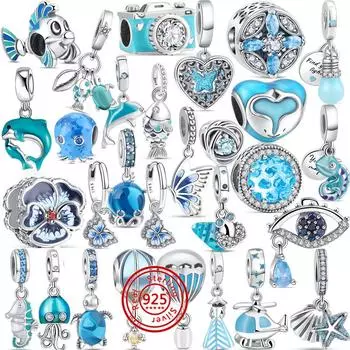 925 Серебряный Небесно-Голубой Принт Рыбья Лапка Дельфин Бабочка Паве Блестящие Бусины Подвески Подходит Оригинальный Браслет Подвески Женские Ювелирные Изделия