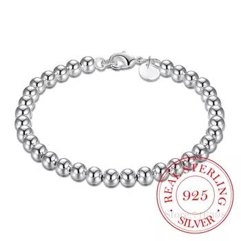 925 Solid Real Sterling Silver Fashion 6mm Бусины Цепной Браслет Для Женщин 20 см Для Девочек-подростков Леди Подарочные Женские Ювелирные Изделия