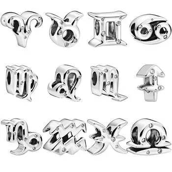 925 Sterling Silver 12 Constellation Style Clear Zircon DIY Beads Fit Original Pendant Charms Bracelet Women Jewelry Accessories
