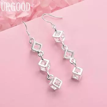 925 Sterling Silver AAA Zircon Square Earrings Wedding Jewelry 3.80*0.80cm