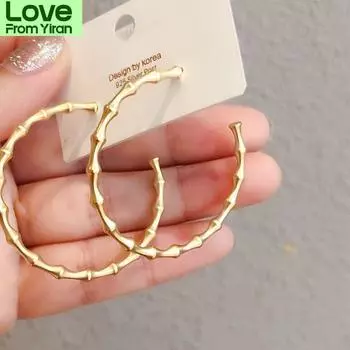 925 Sterling Silver Bamboo Matte Gold Color Large Hoop Earrings For Women Party Jewelry Best Friend Gift Wholesale S -E1252