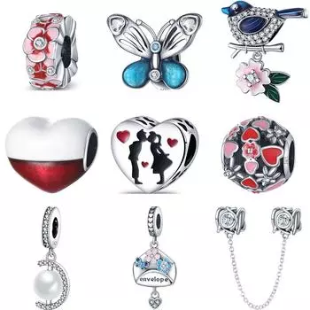 Серебро 925 пробы Бабочка Птица Цветок Сердце Страховочная цепочка Сладкие Мелкие Бусины Подходят для Оригинального Шарм-браслета Женские Украшения