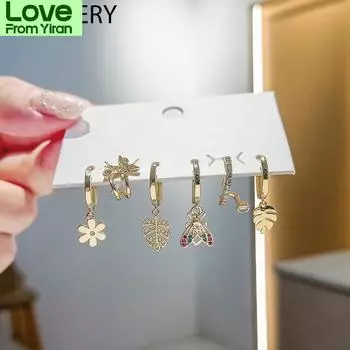 925 пробы стерлингового серебра цвет циркон насекомое бабочка цветы листья 6-шт. серьги комплект для женщин роскошные кольца ювелирные изделия
