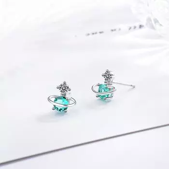 925 Sterling Silver Cute Green Universe Planet Star Earrings With Glitter Zircon Women Girls Gifts Fashion Jewelry S-E741