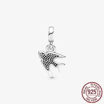 925 Sterling Silver DIY Exquisite Beads Mini Cute Little Swallows Zircon Sparkling Perfect for Original Charm Bracelet Jewelry серебряный