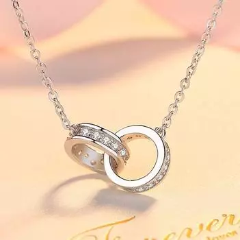 925 Sterling Silver Double Circle Interlock Pendant Necklace Double Ring Collarbone Neck Chain for Women Jewelry BSN295