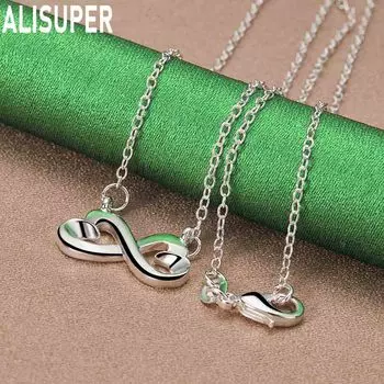 925 Sterling Silver Double Heart Size 8 Pendant Necklace Fashion Wedding Jewelry O-45CM