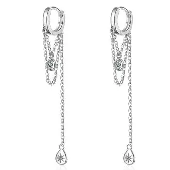 925 Sterling Silver Double Layer Long Tassel Ear Buckles Zircon Waterdrop Pendant Hoop Earrings for Women Exquisite Jewelry Gift