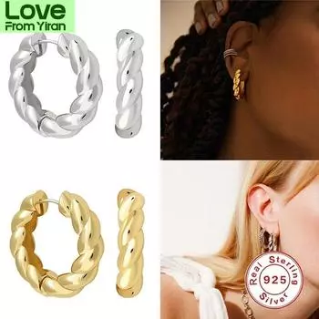 925 Sterling Silver Ear Buckle Earrings For Women Trendy Large Circle Twisted Twist Hoop Earrings Punk Fine Jewelry Gifts