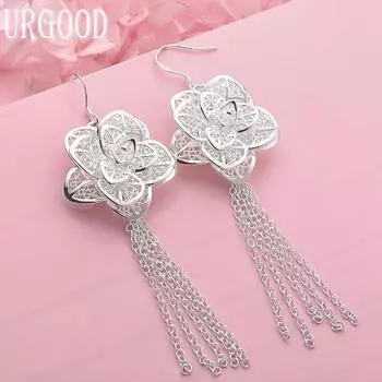 925 Sterling Silver Flower Earrings Wedding Jewelry 8.50*2.70cm