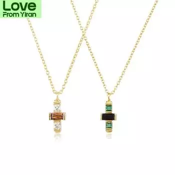 925 Sterling Silver Gold Brown Green Cross Pendant Long Chain Necklace Small Luxury Zircon Pave Cz Wedding Jewelry Gift