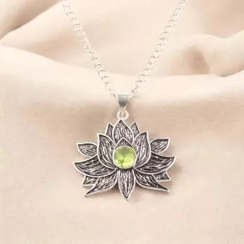 925 Sterling Silver Green Peridot Gemstone Handmade Lotus Shape Necklace Pendant CP-23-6