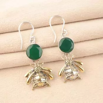 925 Sterling Silver Handcrafted Natural Green Onyx Gemstone Dangle Earrings 2 EE-154-17