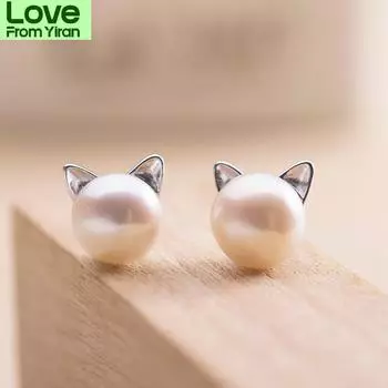925 Sterling Silver Hypoallergenic Pearl Cat Stud Earring For Women Girls Wedding Jewelry Brincos Bijoux Pendientes Eh593