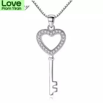 925 Sterling Silver Jewelry Cz Zircon Crystal Love Heart Key Pendant Necklace For Women Gift Chain Collares S -N74