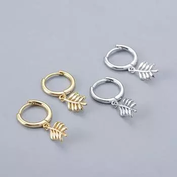 Серьги-кольца с подвеской в виде листьев из стерлингового серебра 925 пробы, женские простые модные украшения золотистый