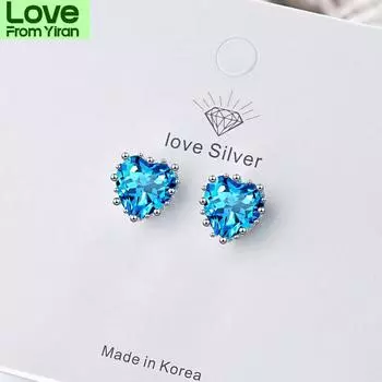 Серьги в форме сердца из стерлингового серебра 925 пробы, роскошные женские серьги-гвоздики с голубым цирконием для женщин, свадебная вечеринка S -E1039