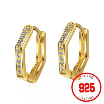 925 Sterling Silver New Women s Fashion Jewelry High Quality Retro Simple Pentagonal Crystal Zircon Gold Silver Earrings серебряный
