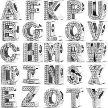 925 Sterling Silver Pave Clear Zircon A-Z 26 Letters Alphabet Shiny Beads Fit Original Charms Bracelet Fine DIY Jewelry