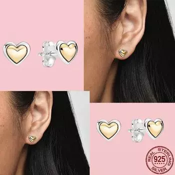 Серьги-гвоздики из стерлингового серебра 925 пробы с золотыми сердечками для женщин, оригинальные серьги-подвески, изящные ювелирные изделия