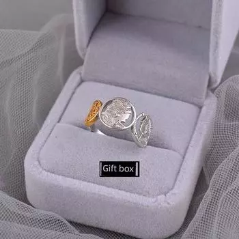 925 Sterling Silver Ring Accessible Luxury Niche Gold Coin Female Contrast Color Vintage Ring Fashion Stylish Korean Ins Ornament Lettering Color matching Queen Head ring + velvet box