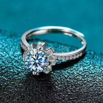 Кольцо из стерлингового серебра 925 пробы с женским букетом бутонов и четырьмя когтями из 18-каратного белого золота с бриллиантом в один карат Opening adjustable