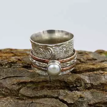 Кольцо из стерлингового серебра 925 пробы, Кольцо с белым жемчугом, Двухцветное кольцо, Кольцо в богемном стиле, Дизайнерское кольцо, Серебряные украшения 6