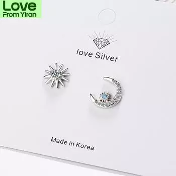 925 Sterling Silver Romantic Star Moon Asymmetrical Stud Earrings With Blue Zircon Party Jewelry Dropshipping S -E884