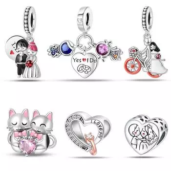 Романтичные подвески-шармы в виде цветка и кошки на День святого Валентина из стерлингового серебра 925 пробы Fitfashion 925 Original Bracelets Diy Jewelry белый