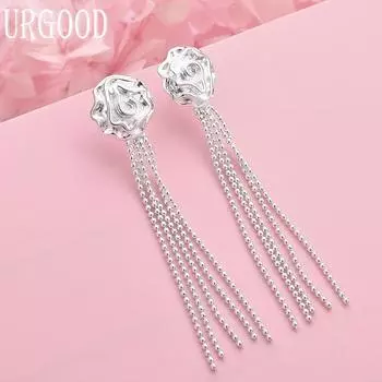 925 Sterling Silver Rose Bead Chain Earrings Wedding Jewelry 6.30*1.20cm