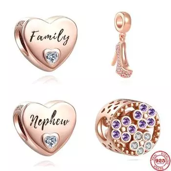925 Sterling Silver Rose Gold Heart Nephew Family Charms Beads Fit Original Bracelet for Women Jewelry Making