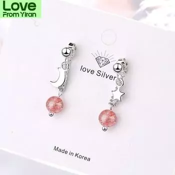 925 Sterling Silver Stars Moon Drop Earrings With Strawberry Crystal Bead Jewelry For Women S -E915