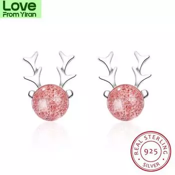 925 Sterling Silver Sweet Cute Pink Deer Small Stud Earrings For Women Personality Strawberry Crystal Animal Present