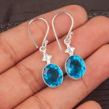925 Sterling Silver Swiss Blue Topaz Gemstone Ethnic Jewely Earrings For Wife EE-6-1