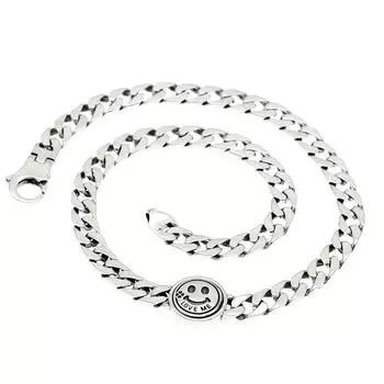 925 Sterling Silver Thick Chain Necklace Fashion Hip Hop Vintage Couples Simple Smiley Face Design Party Jewelry Choker